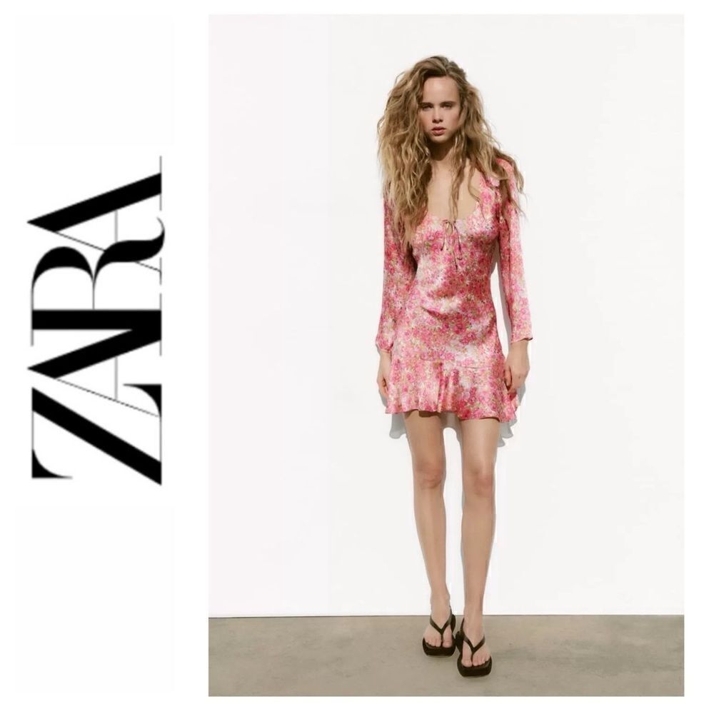 NWOT Zara Blogger’s Favorite Floral Long Sleeve V-Neck Ruffle Hem Mini Dress